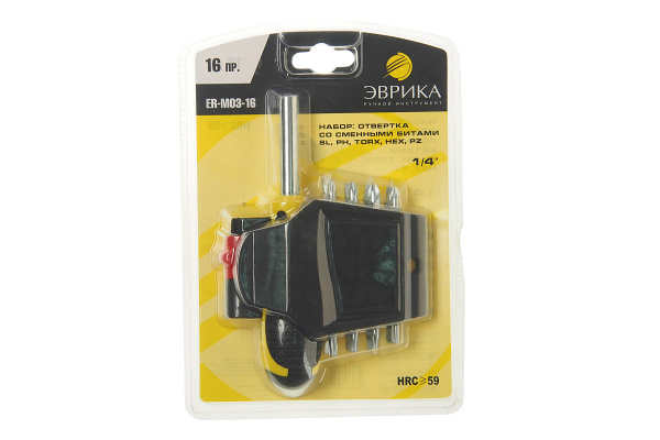 Отвертка-вороток с набором бит ЭВРИКА держатель, 1/4 ER-M03-16