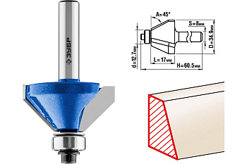 Фреза кромочная калевочная фасочная №9 ПРОФЕССИОНАЛ (34.9х17х60.5 мм; угол 45 град; хвостовик 8 мм) Зубр 28711-34.9
