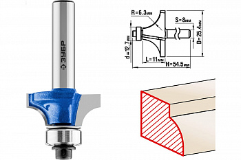 Фреза кромочная калевочная №1 ПРОФЕССИОНАЛ (25.4х11х54.3 мм; R6.3 мм; хвостовик 8 мм) Зубр 28701-25.4