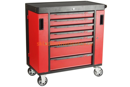 Тележка инструментальная (7 секций, красная, на колесах, с двумя боковыми ящиками) JTC S1070