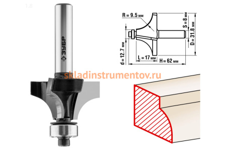 Фреза кромочная калевочная ПРОФЕССИОНАЛ №1 (31.8х17х62 мм; R9.5 мм; хвостовик 8 мм) Зубр 28784-31.8