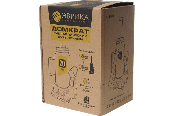 Гидравлический бутылочный домкрат ЭВРИКА с клапаном, 20 т, ремкомплект ER-80201