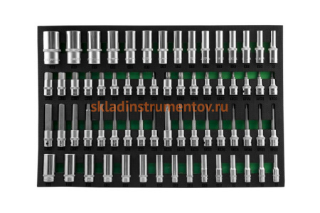 Набор глубоких торцевых головок, торцевых насадок со вставками TORX, HEX (66 пр; 3/8"DR, 1/2"DR) в EVA ложементе Jonnesway 49276