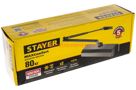 Дверной доводчик для дверей массой до 80 кг STAYER цвет серебро 37915-80