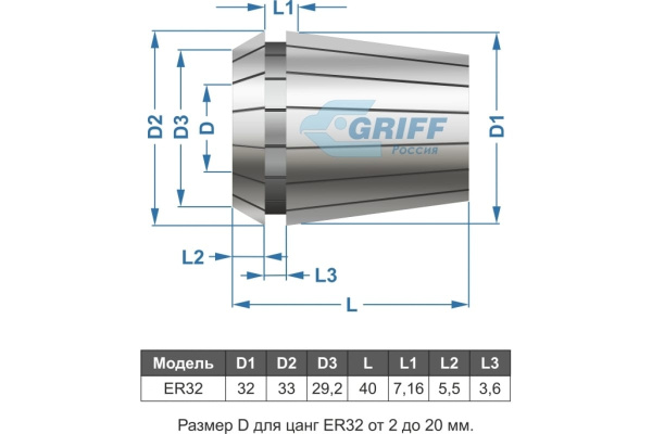 Патрон цанговый MSB2-ER32, хвостовик конус Морзе, DIN228-A, с набором цанг 11 шт. 4-20 мм GRIFF b220313