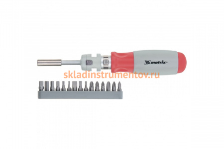 Реверсивная телескопическая отвертка с набором бит 15 шт MATRIX 11552