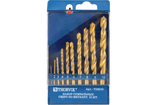 Набор спиральных сверл по металлу HSS TiN в пластиковом кейсе TDBS10 (10 шт; 1-10 мм) Thorvik 52479