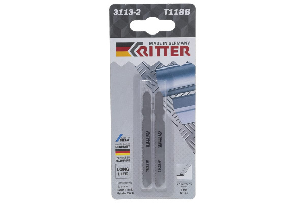 Пилки по стали Т118B (2 шт; 75х50 мм; шаг 2 мм; 12TPI; HSS) для лобзиков RITTER 3113-2