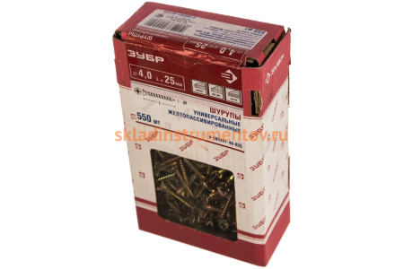 Универсальные шурупы для дерева, ДСП, ДВП Зубр желтопассивированные, PZ, 4,0x25мм, ТФ1, 550 штук 4-300391-40-025