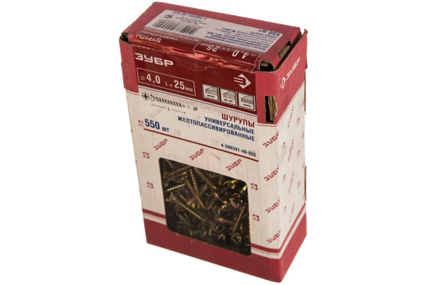 Универсальные шурупы для дерева, ДСП, ДВП Зубр желтопассивированные, PZ, 4,0x25мм, ТФ1, 550 штук 4-300391-40-025
