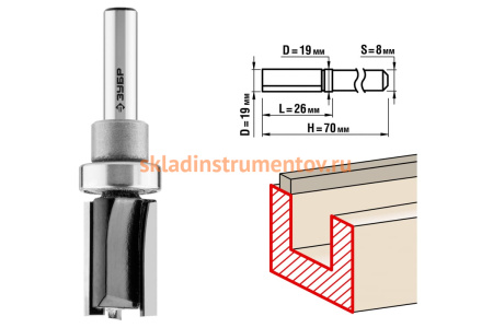 Фреза пазовая прямая с верхним подшипником по ламинату ПРОФЕССИОНАЛ (19х26х70 мм; хвостовик 8 мм) Зубр 28781-19-26
