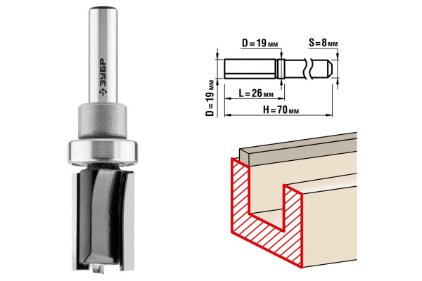 Фреза пазовая прямая с верхним подшипником по ламинату ПРОФЕССИОНАЛ (19х26х70 мм; хвостовик 8 мм) Зубр 28781-19-26