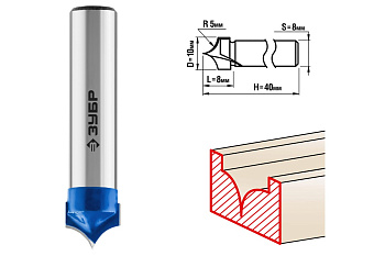 Фреза пазовая фасонная №4 ПРОФЕССИОНАЛ (10х8х40 мм; R5 мм; хвостовик 8 мм) Зубр 28743-10-8