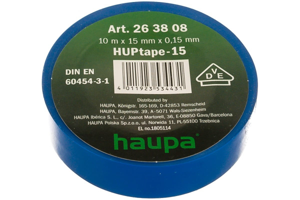 Изолента HAUPA ПВХ синий 15ммх10 м, d 60 мм 263808