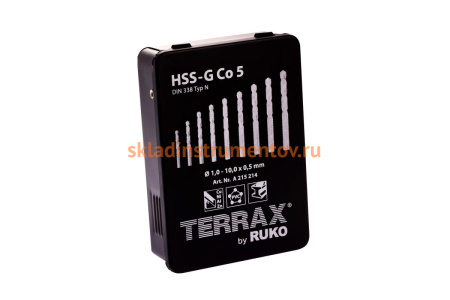 Набор сверл по металлу (19 шт; 1-10 мм; HSSE-Co5) Terrax by RUKO A215214