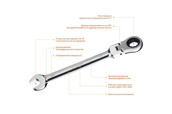 Комбинированный гаечный ключ трещоточный шарнирный Зубр ПРОФЕССИОНАЛ 27101-17