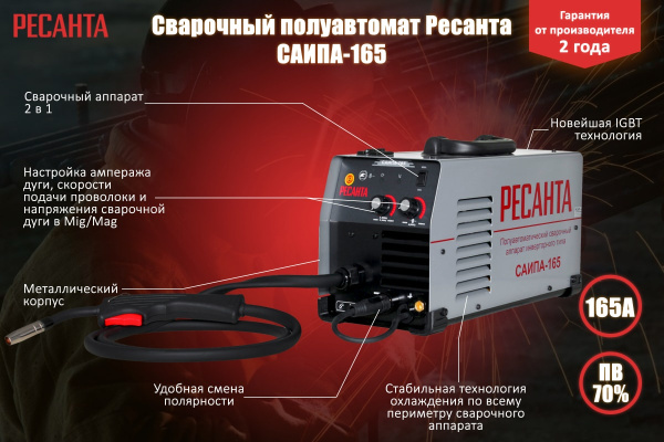 Полуавтоматический инверторный сварочный аппарат Ресанта САИПА 165 Полуавтоматический инверторный сварочный аппарат Ресанта САИПА 165