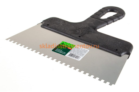 Шпатель из нержавеющей стали, 200 мм, зуб 4x4 мм, пластмассовая ручка СИБРТЕХ 85456