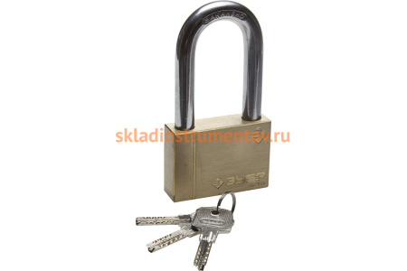 Навесной замок ЗУБР ЭКСПЕРТ латунный корпус классическая форма удлиненная закаленная дужка 70мм 37299-70-1