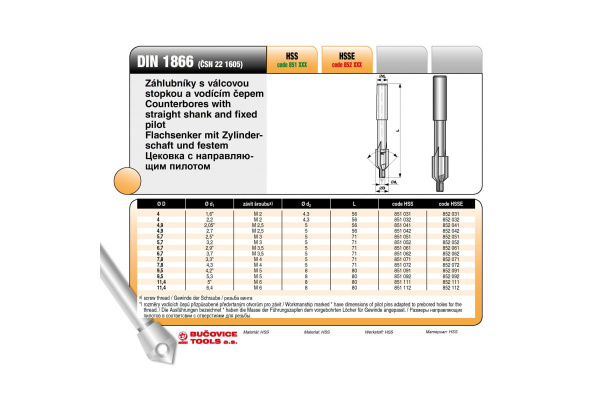 Цековка (9.5х80 мм; 90 гр.; М5; HSS) Bucovice Tools 851091