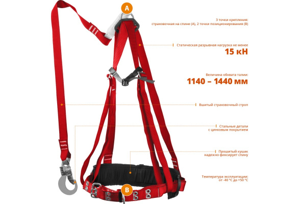 Лямочный пояс Зубр Урал, ленточный строп с амортизатором, 11583