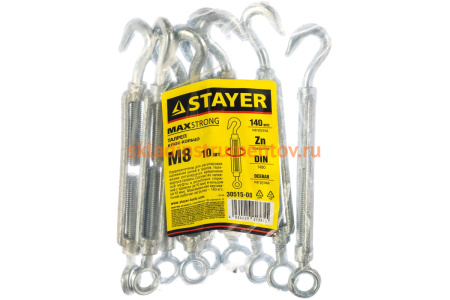 Талреп STAYER DIN 1480, крюк-кольцо, М8, 10 штук, оцинкованный 30515-08 Талреп STAYER DIN 1480, крюк-кольцо, М8, 10 штук, оцинкованный 30515-08