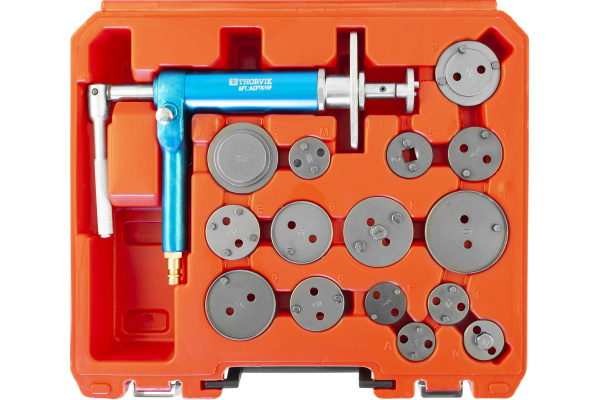 Приспособление с пневматическим приводом для возврата поршней дисковых тормозных механизмов в наборе, 16 пр. Thorvik ACPTK16P 53232