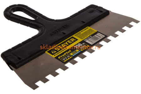 Нержавеющий зубчатый шпатель с пластмассовой ручкой, 250мм, зуб 10х10мм STAYER 1009-25-10