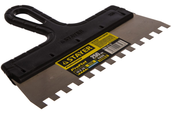 Нержавеющий зубчатый шпатель с пластмассовой ручкой, 250мм, зуб 10х10мм STAYER 1009-25-10