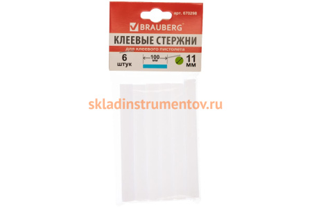 Клеевые стержни, диаметр 11 мм, длина 100 мм, белые, комплект 6 шт. BRAUBERG 670298