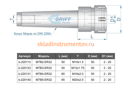 Патрон цанговый MSB5-ER32 (хвостовик конус Морзе; DIN228-A; M20) GRIFF b220145