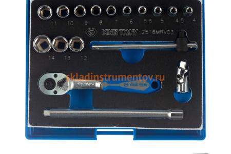 Набор шестигранных торцевых головок с принадлежностями KING TONY 1/4" 4-14 мм 17 предметов 2516MRV03
