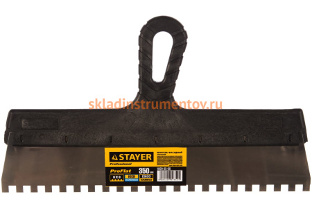 Нержавеющий зубчатый шпатель с пластмассовой ручкой, 350мм, зуб 8х8мм STAYER 1009-35-08