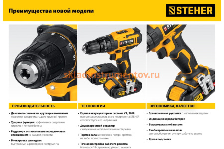 Ударная дрель-шуруповерт STEHER 20В, 2 АКБ 2Ач CDS-200-2