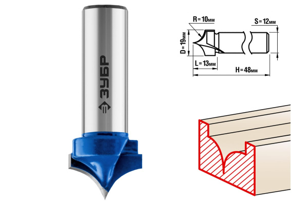 Фреза пазовая фасонная №4 ПРОФЕССИОНАЛ (19х13х48 мм; R 10 мм; хвостовик 12 мм) Зубр 28743-19-13