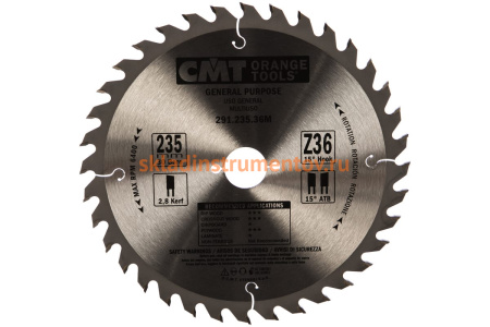 Диск пильный по дереву (235х30х1,8/2,8 мм; Z36) CMT 291.235.36M Диск пильный по дереву (235х30х1,8/2,8 мм; Z36) CMT 291.235.36M