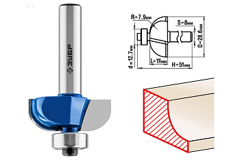Фреза кромочная калевочная ПРОФЕССИОНАЛ №2 (28.6х11х51 мм; R7.9 мм; хвостовик 8 мм) Зубр 28702-28.6