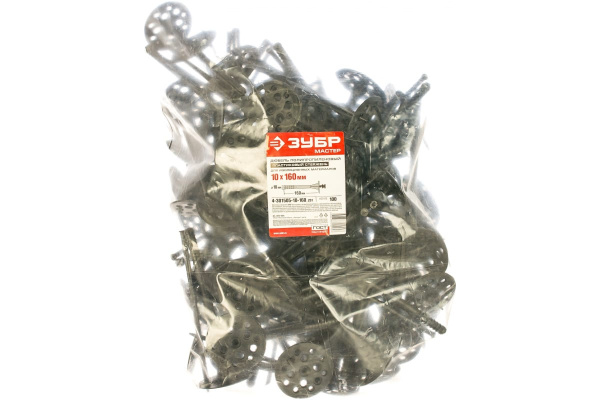 Дюбель Зубр для изоляционных материалов полипропиленовый, пластиковый стержень, 10х160 мм, 100 шт, 4-301505-10-160_z01