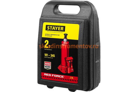 Гидравлический бутылочный домкрат STAYER RED FORCE, 2т, 181-345 мм, в кейсе, 43160-2-K 43160-2-K_z01