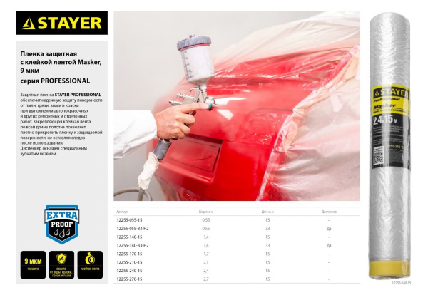 Пленка защитная с клейкой лентой МАСКЕР (15 м; 1400 мм; 10 мкм) STAYER 12255-140-15
