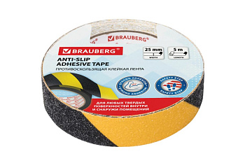 Клейкая противоскользящая лента BRAUBERG 25 мм х 5 м, черно-желтая, зернистая, основа ПВХ 606773