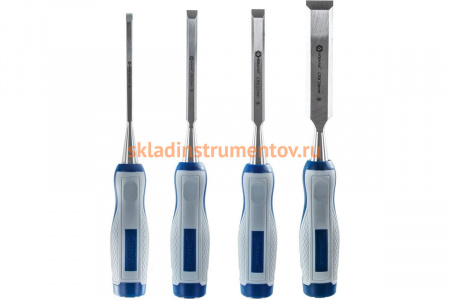 Набор плоских стамесок: 6, 12, 18, 24мм, длина 140мм, CR-V, двухкомпонентные рукоятки, 4шт КОБАЛЬТ 245-671