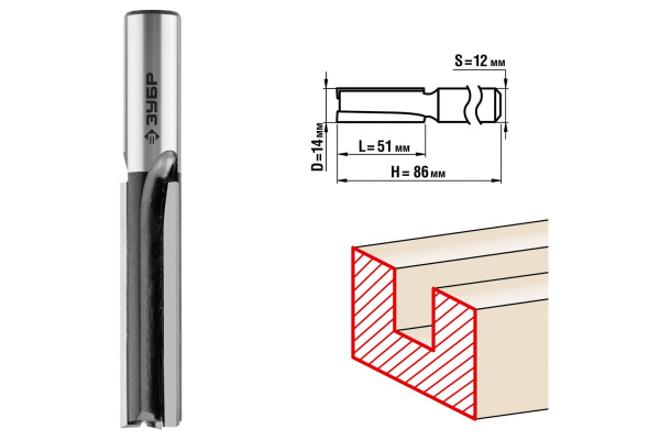 Фреза пазовая прямая для ламината ПРОФЕССИОНАЛ (14х51х86 мм; хвостовик 12 мм) Зубр 28780-14-51-12