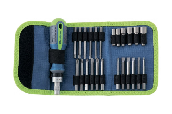 Реверсивная отвертка с набором бит и торцевых головок, 26шт, CrV, чехол СИБРТЕХ 13376