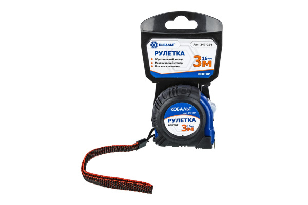 Рулетка (3 м x 16 мм, обрезиненный корпус) КОБАЛЬТ Вектор 247-224
