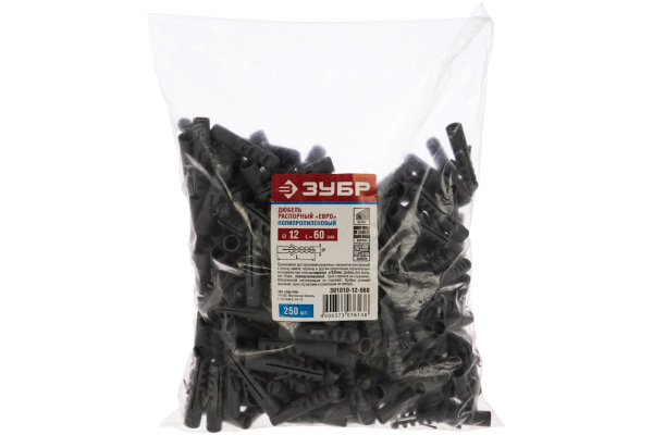 Распорный дюбель Зубр ЕВРО, полипропиленовый, 12x60мм, 250шт 301010-12-060