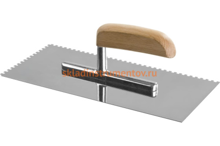 Гладилка Зубр Профи нержавеющая сталь, с деревянной ручкой, зуб 4х4мм, 130х280мм 0806-04_z01