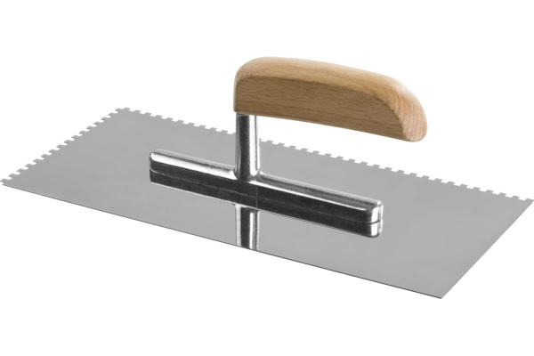 Гладилка Зубр Профи нержавеющая сталь, с деревянной ручкой, зуб 4х4мм, 130х280мм 0806-04_z01