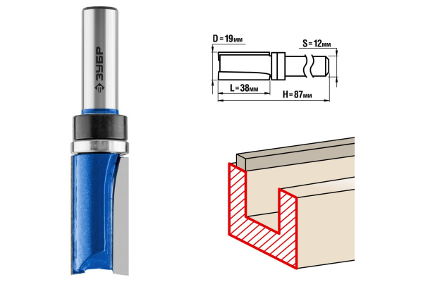 Фреза пазовая прямая с верхним подшипником ПРОФЕССИОНАЛ (19х38х86 мм; хвостовик 12 мм) Зубр 28756-19-38-12