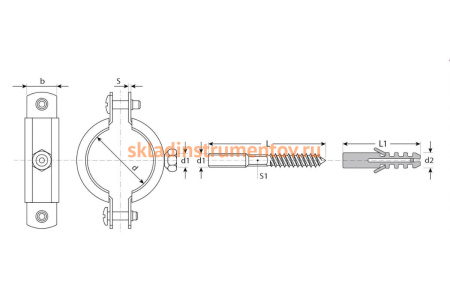 Трубный хомут с гайкой оцинк. в комп. с сантех. шпилькой и дюбелем ЗУБР  2 1/2" 1шт 37866-75-80_z01